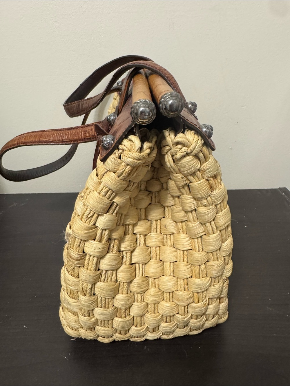 VTG Brighton Ruth Woven Straw Leather Dr Satchel Purse EUC - Picture 5 of 11